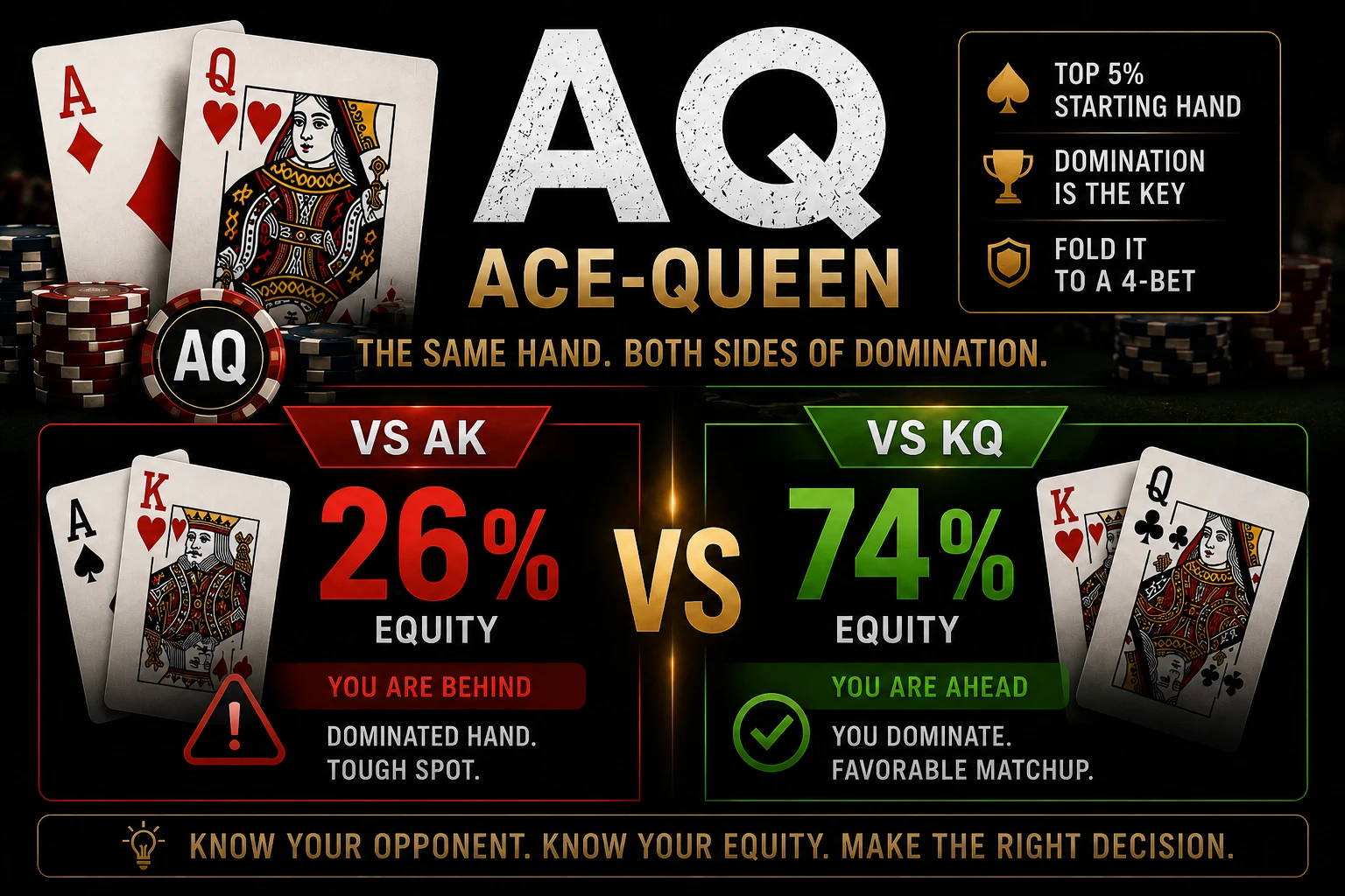 Ace-Queen has 26% equity against AK but 74% against KQ — the same hand on both sides of domination
